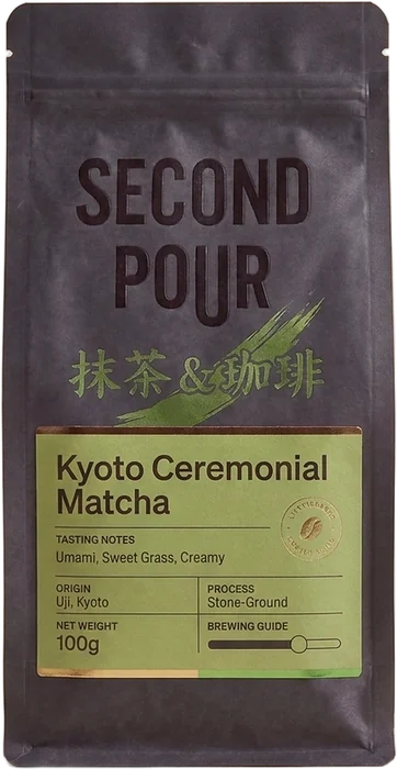 Kyoto Ceremonial Matcha 100 g bag, matte charcoal with green data label