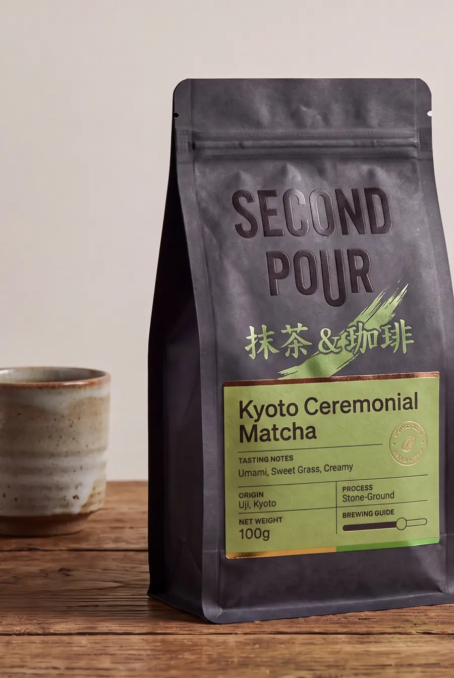 Kyoto Ceremonial Matcha bag beside a stoneware cup