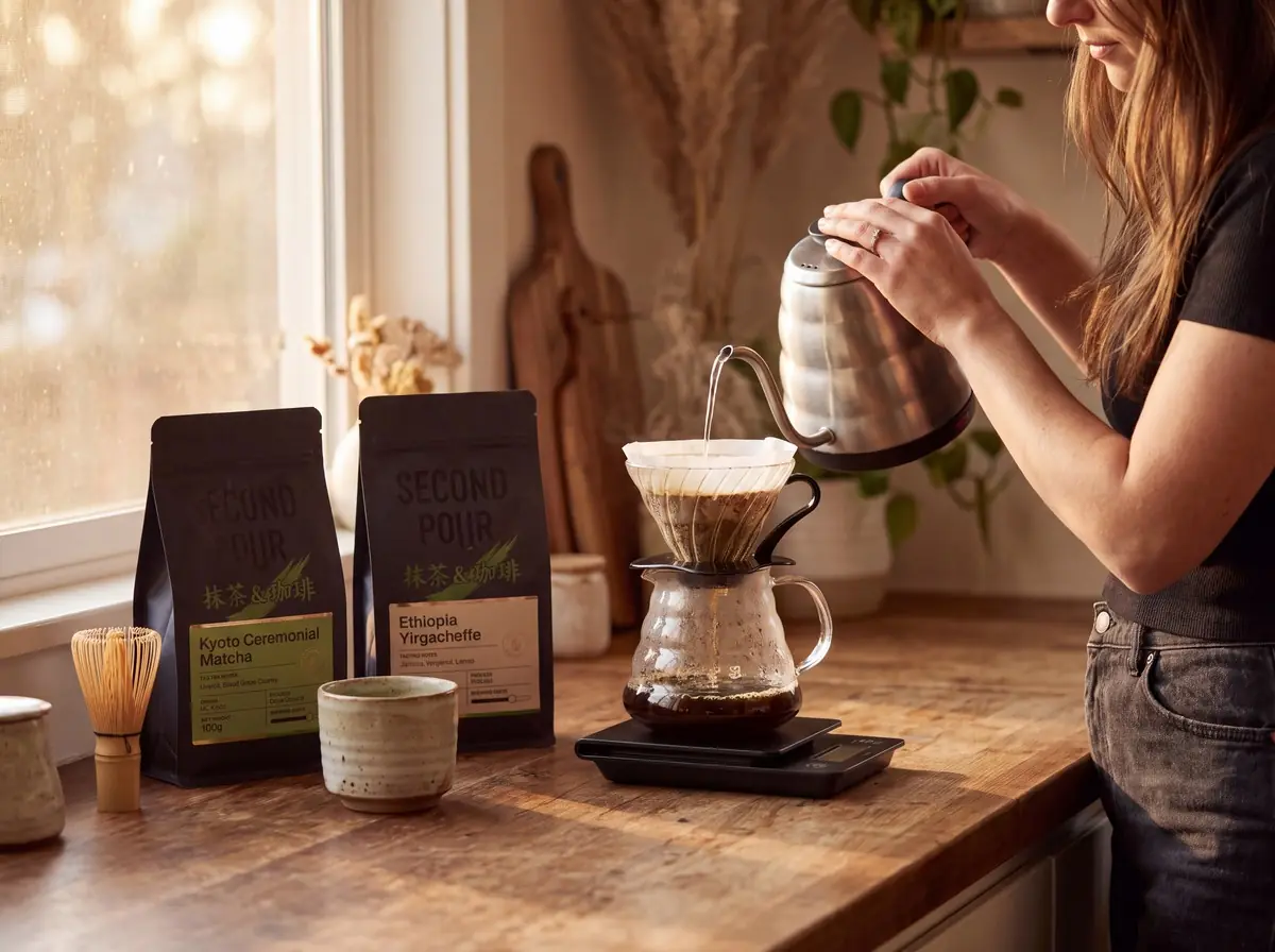 Pour-over coffee being brewed beside both bags