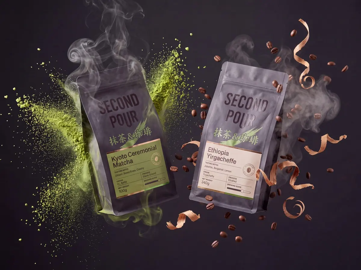 Both Second Pour bags floating with matcha powder and coffee beans