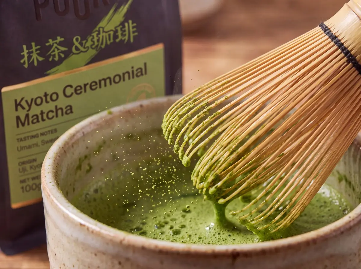 Bamboo whisk making matcha foam in a ceramic bowl